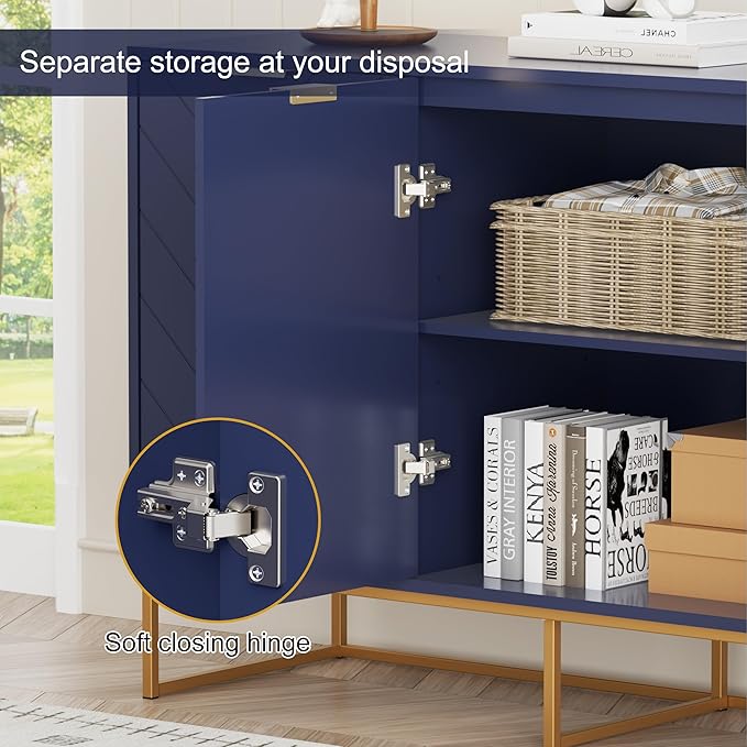 Scurrty 31.5'' Navy Blue Sideboard Cabinet, 3-Door Buffet with Adjustable Shelf & Herringbone Design, Versatile Storage Cabinet for Kitchen, Living Room & Entryway