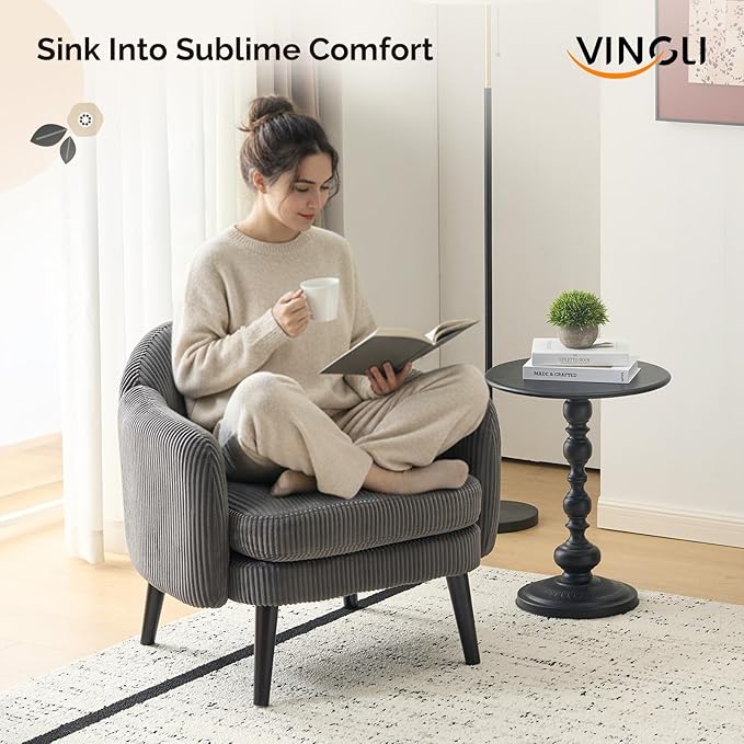 VINGLI 30.3" Wide Modern Barrel Accent Armchair with Track Armrest, Solid Wooden Legs, Comfy Upholstered Club Chair, Round Single Home Sofa for Living Room, Bedroom, Reading Room, Corduroy Grey