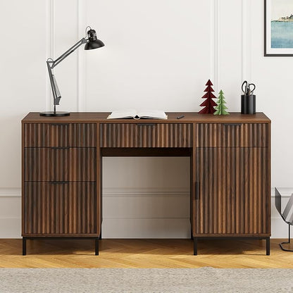 Modern Fluted Executive Desk with File Drawer, 55" Large Computer Desk with Storage and Charging Station, Wooden Home Office Desk for Workspace, Writing, Study, Brown