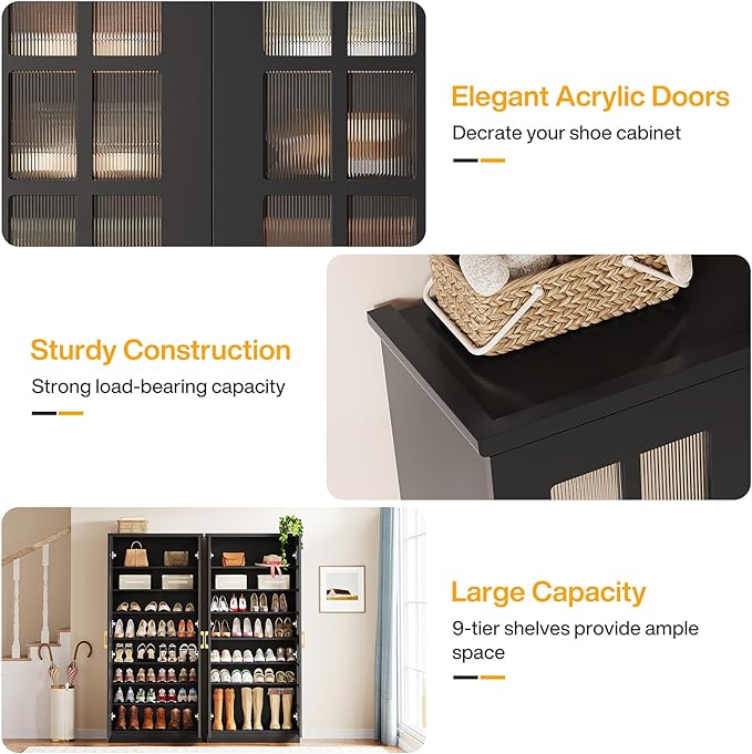 Tribesigns 70-Inch Tall Shoe Cabinet with Doors, 8-Tier Shoe Storage Cabinet with Adjustable Shelves, Modern Shoe Organizer Shoe Rack Cabinet for Entryway, Hallway, Closet, Living Room, Black and Gold