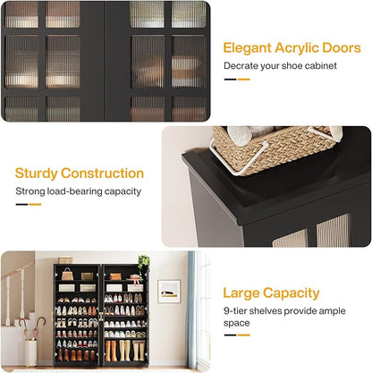 Tribesigns 70-Inch Tall Shoe Cabinet with Doors, 8-Tier Shoe Storage Cabinet with Adjustable Shelves, Modern Shoe Organizer Shoe Rack Cabinet for Entryway, Hallway, Closet, Living Room, Black and Gold