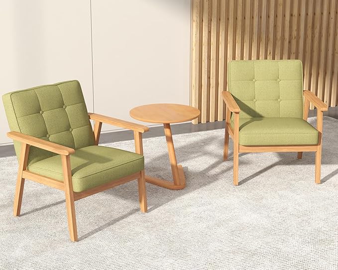 Modern Accent Chair with Wooden Table, Upholstered Linen Fabric Leisure Chair Comfy Side Chair with Backrest Button and Arm Rest for Living Room Bedroom Reading(Green)