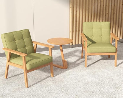 Modern Accent Chair with Wooden Table, Upholstered Linen Fabric Leisure Chair Comfy Side Chair with Backrest Button and Arm Rest for Living Room Bedroom Reading(Green)