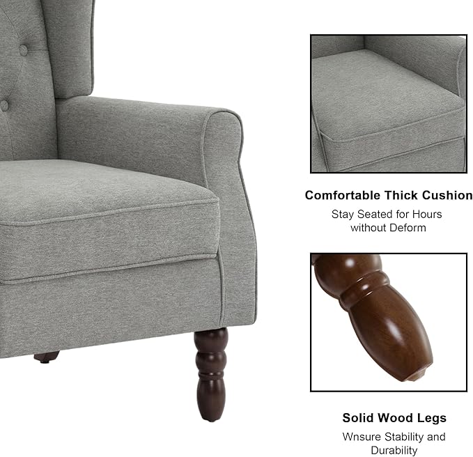 Accent Chair, Upholstered Armchair with Button Tufted High Back & Solid Wood Legs, Comfy Wingback Reading Single Sofa Chair for Small Spaces, Living Room, Bedroom (Grey, Set of 1)