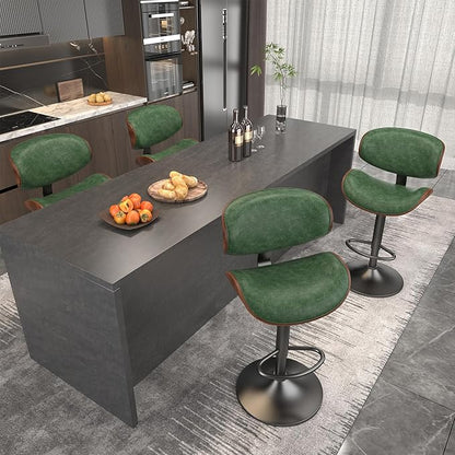 Bar Stools Set of 3, Bar Stools for Kitchen Island with Bentwood Back and Leather Seat, Swivel Bar Stools for Kitchen Counter, Bar, Green