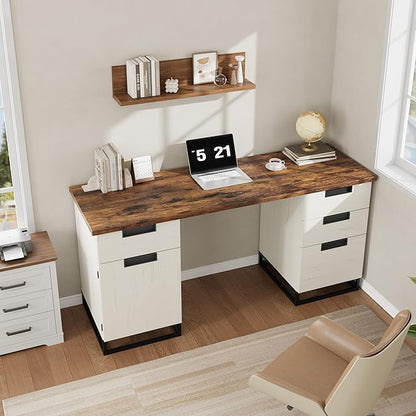 IDEALHOUSE Farmhouse Executive Desk, 59" Computer Desk, White Home Office Desks with File Drawer and Storage Cabinet, Wood Writing Desks for Home Office, Bedroom, White+Vintage
