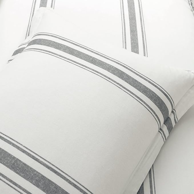 Lush Decor Farmhouse Stripe Reversible Cotton Comforter Set, 3 Piece Set, Full/ Queen, Dark Gray - Cozy Farmhouse Bedding Set - Rustic Decor - Striped Comforter - Modern Farmhouse Bedroom Decor