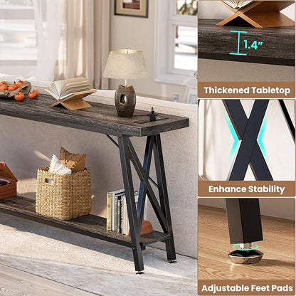 Homieasy 70.9 Inch Extra Long Console Table, Industrial Sofa Table Behind Couch with Charging Station & Storage Shelf, Entryway Table for Living Room & Entryway, Grey Oak