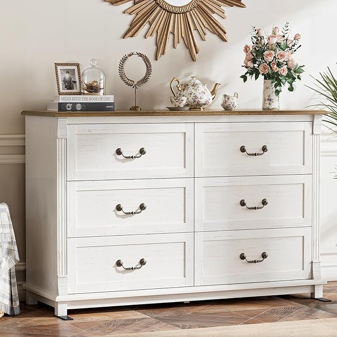 Amada 6 Drawers Dresser for Bedroom, Farmhouse 47" Wide Dresser & Chest of Drawers with Roman Column Design, Large Storage Organizer with 6 Drawer Sizes for Bedroom, Living Room