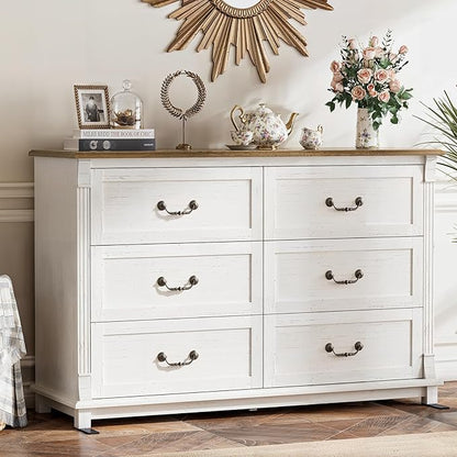 Amada 6 Drawers Dresser for Bedroom, Farmhouse 47" Wide Dresser & Chest of Drawers with Roman Column Design, Large Storage Organizer with 6 Drawer Sizes for Bedroom, Living Room