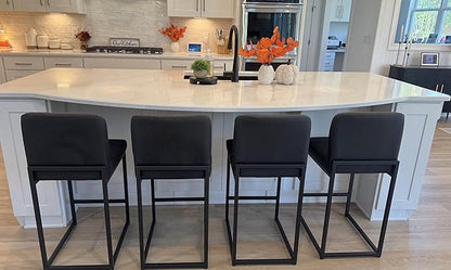 ALPHA HOME 24 Inch Bar Stools, Kitchen Counter Stools with Backs, Black Bar Stools Set of 3, PU Leather Barstools, Kitchen Stools with Back&Upholstered Footrest, Sturdy Chromed Metal Steel Frame