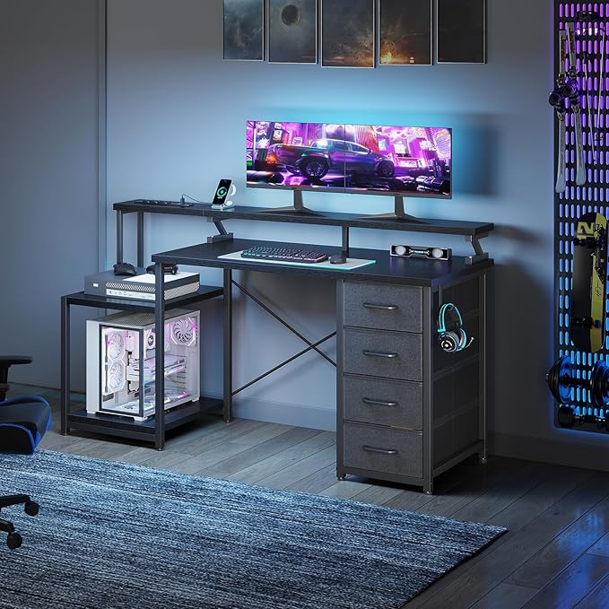 ODK 55 Inch Computer Gaming Desk with Power Outlets & 4 Drawers, Home Office Desk with Monitor Stand & Printer Shelves, Black
