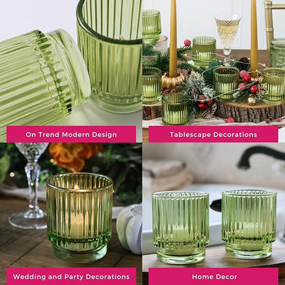 Kate Aspen Vintage Ribbed Glass Candle Holder Decor, Green Votive Candle Holders for Holiday Table Decor, Tealight Candles Holder Glass (Set of 6), Dinning & Christmas Table Decoration Tablescape
