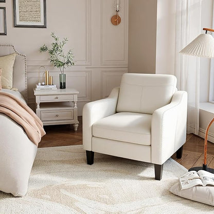 PU Leather Accent Chair, Mid-Century Modern Living Room Armchair Sofa with Removable Cushions, Solid Wood Frame & Stitched Armrest Design, Bedroom Chair with Plastic Legs, Beige