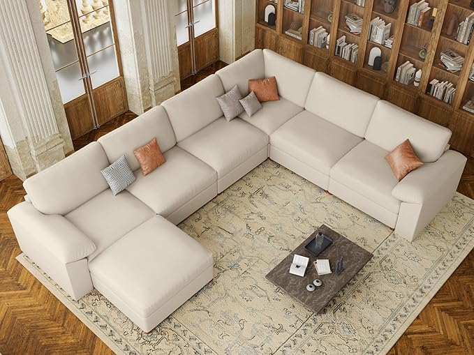 EASE MOOSE Faux Leather Sectional with Ottoman, Oversized Modular Couch, Modular Sectional Sofa with Deep Seat, Scratch Resistant Faux Leather Material, U Shaped Couch for Big Spaces, Beige