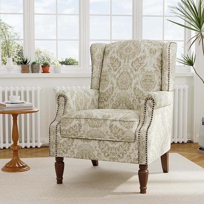 Accent Chair, Upholstered High Back Floral Armchair with Nailhead Trim & Wood Legs, Comfy Wingback Reading Single Sofa Chair for Small Spaces, Living Room, Bedroom-Light Brown Floral, 1 SEAT