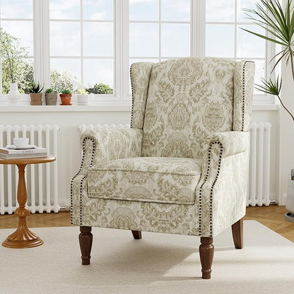 Accent Chair, Upholstered High Back Floral Armchair with Nailhead Trim & Wood Legs, Comfy Wingback Reading Single Sofa Chair for Small Spaces, Living Room, Bedroom-Light Brown Floral, 1 SEAT