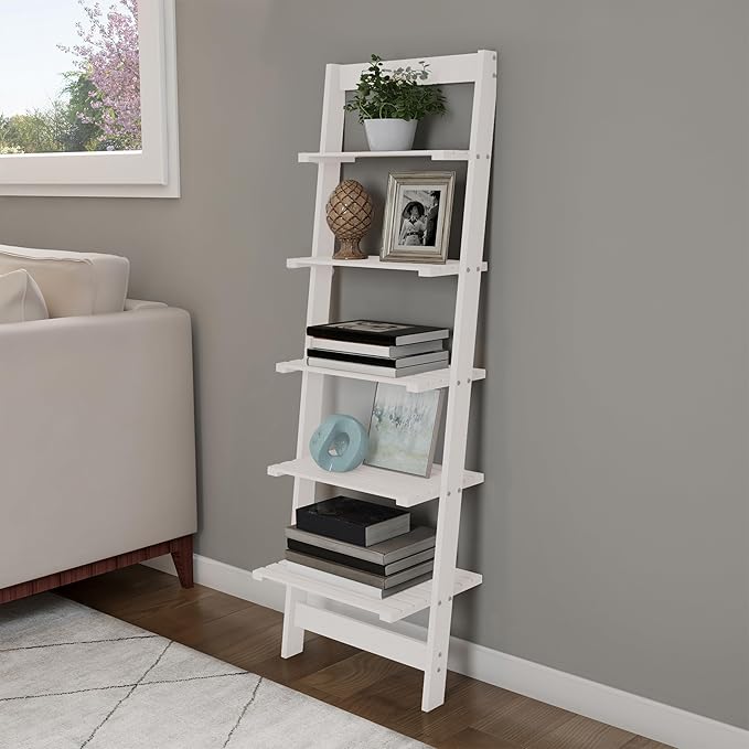 5-Tier Ladder Shelf - 50-Inch Narrow Leaning Bookshelf - Wooden Bookcase for Living Room, Bathroom, Kitchen, Office, or Bedroom Furniture by Lavish Home (White)