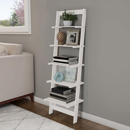 5-Tier Ladder Shelf - 50-Inch Narrow Leaning Bookshelf - Wooden Bookcase for Living Room, Bathroom, Kitchen, Office, or Bedroom Furniture by Lavish Home (White)