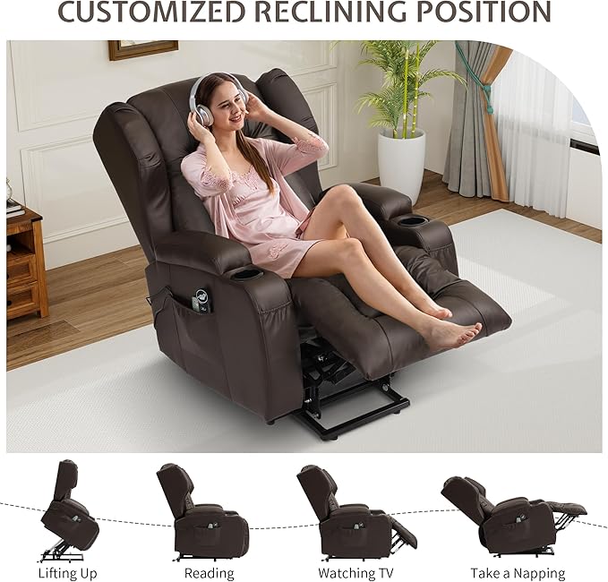 URRED Power Lift Recliner Chair for Elderly, Electric Massage Recliner with Heat, Infinite Position Adjustment, Faux Leather Lift Chair with Cup Holders, Side Pockets & USB Port – Brown
