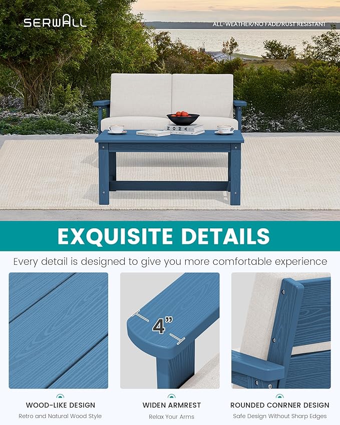 SERWALL Outdoor Loveseat, Blue Frame and Khaki Cushion
