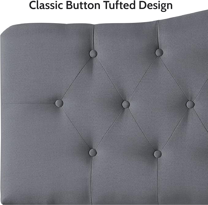 Naomi Home Cassandra Full Size Bed Headboard, Square Tufted, White Linen Fabric, Height Adjustable 42"-52", Metal Legs, Wall/Bed Mount