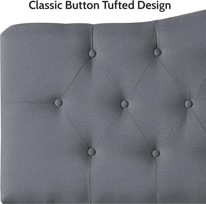 Naomi Home Cassandra Full Size Bed Headboard, Square Tufted, White Linen Fabric, Height Adjustable 42"-52", Metal Legs, Wall/Bed Mount