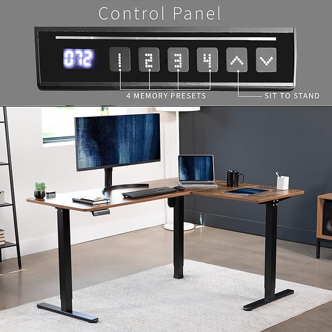 VIVO Corner Standing Desk, 63 x 47 inch Reversible L-Shaped Workstation, Electric Height Adjustment, Home, Office, and Reception Rooms, Rustic Vintage Brown Table Top Black Frame, DESK-E3CTN-47