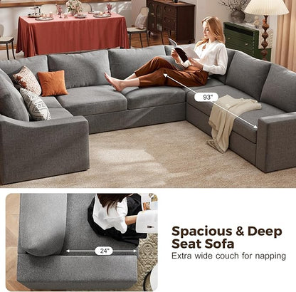 ABCASA Oversized 136" Modular Sectional Sofa, Deep Seat U Shaped Couches for Living Room, Breathable Linen Fabric Corner Couch, Easy to Assemble, Grey