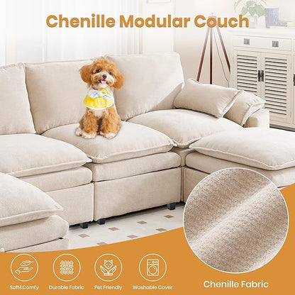 130" U Shaped Modular Sectional Sofa, Couch with Ottoman Storage, Chenille Cloud Couch with Plush Deep Seating for Living Room, Bedroom (7 Seat, Beige)