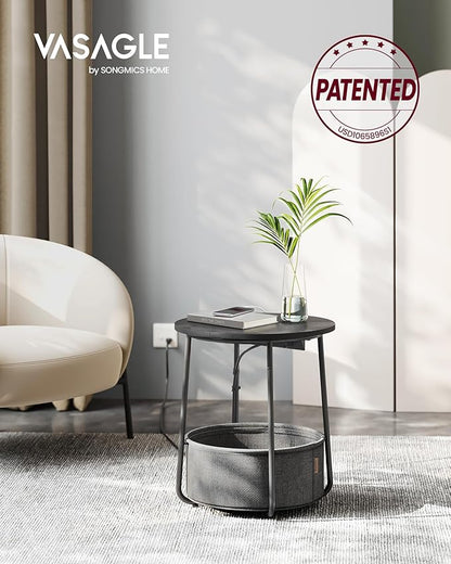VASAGLE LILEA Collection - Side Table with Charging Station, Round End Table with Fabric Basket, Nightstand with USB Ports, for Living Room, Bedroom, Modern, Ebony Black and Slate Gray ULET228B01