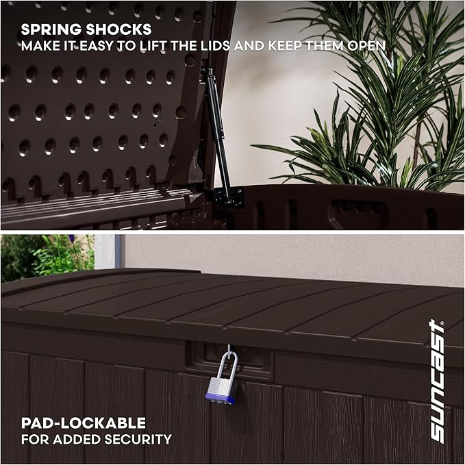 Suncast 134-Gal. Waterproof Resin Extra-Large Outdoor Patio Deck Box with Pad-Lockable Lid, Modern Outdoor Patio Bench/Storage Box for Cushions, Garden Tools, and More, Java