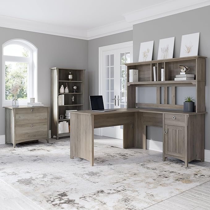 Bush Furniture Salinas L Shaped Desk with Hutch, File Cabinet and 5 Shelf Bookcase | 3 Piece Home Office Furniture Set in Driftwood Gray | L Shaped Corner Table with Storage