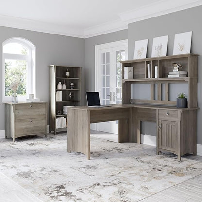 Bush Furniture Salinas L Shaped Desk with Hutch, File Cabinet and 5 Shelf Bookcase | 3 Piece Home Office Furniture Set in Driftwood Gray | L Shaped Corner Table with Storage