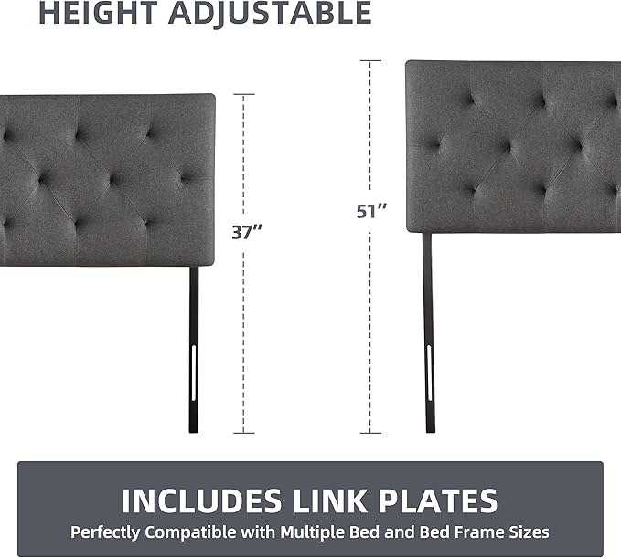 Linen Upholstered Headboard King Size, Modern Diamond Tufting Solid Wood Cali King Headboard Only, Adjustable Height from 37” to 51” Head Board, Bed Frame or Wall Mount Headboards, Dark Grey