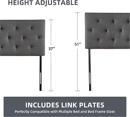 Linen Upholstered Headboard Twin Size, Diamond Tufting Solid Wood Twin XL Headboard Only, Adjustable Height from 37” to 51” Head Board, Dorm Bed Frame or Wall Mount Headboards, Dark Grey