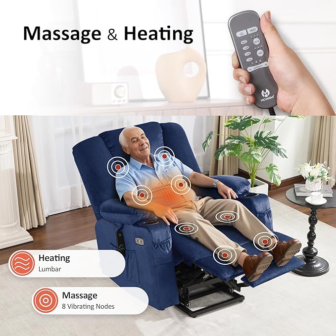 MCombo Oversized Power Lift Recliner Chair with Massage and Heat for Big and Tall Elderly People, Cup Holders, USB Ports, Side Pockets, Fabric R7541 (Navy Blue, Large-Oversize)