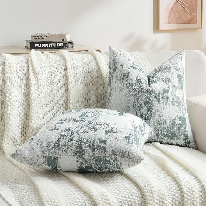 FUTEI Teal White Decorative Throw Pillow Covers 18x18 Inch Set of 2,Soft Faux Cashmere Jacquard - Textured & Cozy Cushion Case,Modern Home Decor for Couch Bed Living Room