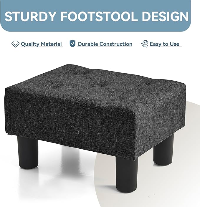 Poofzy Small Foot Stool Ottoman, Linen Ottoman Foot Rest with Legs, Rectangle Foot Rest for Couch, Footstools and Ottomans Small for Living Room and Entryway (Black)
