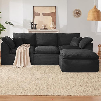 112" Cloud Sectional Couch, Boneless Couches for Living Room, L Shaped Couch with Convertible Ottoman, Modular Sectional Sofa with Deep Seat, Comfy Soft Cushions, No Assembly, Black