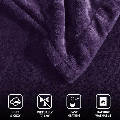 Beautyrest Heated Electric Blanket for Cold Weather, Fast Heating Heated Blanket, Auto Shut Off, Virtually Zero EMF, Multi Heat Setting, UL Certified, Purple King (90 inx100 in)