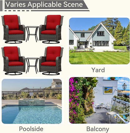 6 Pieces Outdoor Furniture Set - Patio Wicker Swivel Rocker Chair Set of 4 and 2 Side Table, Red, Mixed Brown Rattan, Suitable for Porch, Yard