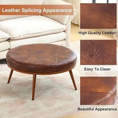 Round Ottoman Coffee Table, Large Faux Leather Cushioned Footstool Ottoman,Stationary Ottomans, Backless Chair, Footrest for Living Room, Bedroom, Padded Seat, Brown