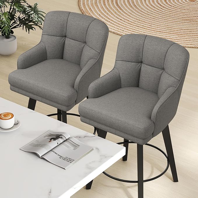 360°Swivel Counter Height Bar Stools with Back, 30 inch Solid Wood Legs, Bar Stool Modern Kitchen Island Chairs, Fabric (Mid-Grey- Fabric, 30" H- Set of 3)