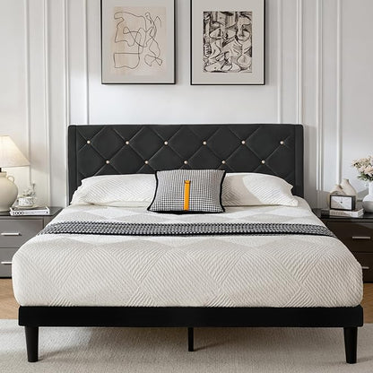 Queen Size Platform Bed Frame with Velvet Upholstered Headboard and Sturdy Wooden Slats Support,Mattress Foundation，Easy Assembly, No Box Spring Needed,Slip Resistant (Black, Queen)