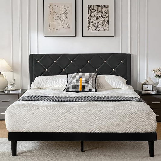 Queen Size Platform Bed Frame with Velvet Upholstered Headboard and Sturdy Wooden Slats Support,Mattress Foundation，Easy Assembly, No Box Spring Needed,Slip Resistant (Black, Queen)