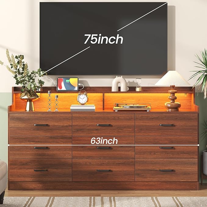 Bigbiglife 9 Drawer Dresser with Built in Power Outlet and LED Light, Modern Chest of Drawers for Bedroom, Triple Wide Drawer Organizer Cabinet for Living Room, Entryway, Hallway, Walnut Brown