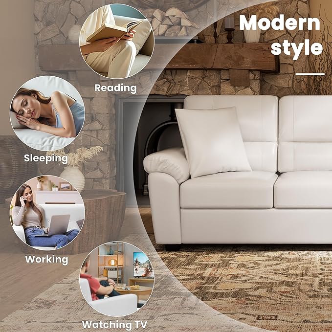 Morden Fort Faux Leather Chair and Loveseat Set, Modern Luxury Furniture with Removable and Easy to Clean Cushions, Skin-Friendly Wide Arm for Living Room Apartment Office Lounge, White