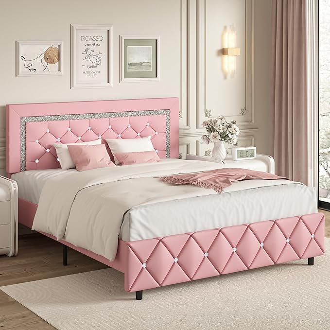 BarnFurin Queen Bed Frame with Headboard, Faux Leather Upholstered Bed with Diamond Tufted Design, Modern Platform Bed Frame, No Box Spring Required, Easy Assembly, Pink