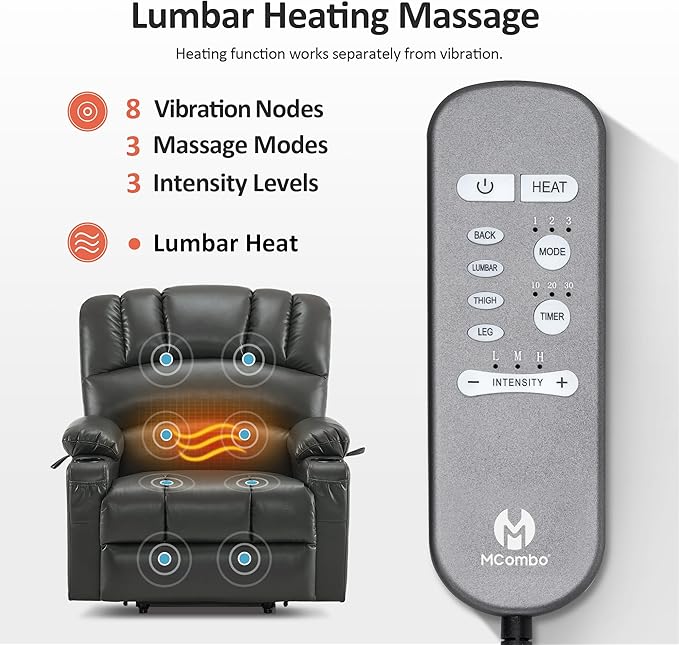 MCombo Oversized Power Lift Recliner Chair for Elderly, Lift Chair with Heat and Massage, Lift Recliner for Big and Tall, Cup Holders, USB &Type C Ports, Faux Leather R7092 (Grey, Oversize)